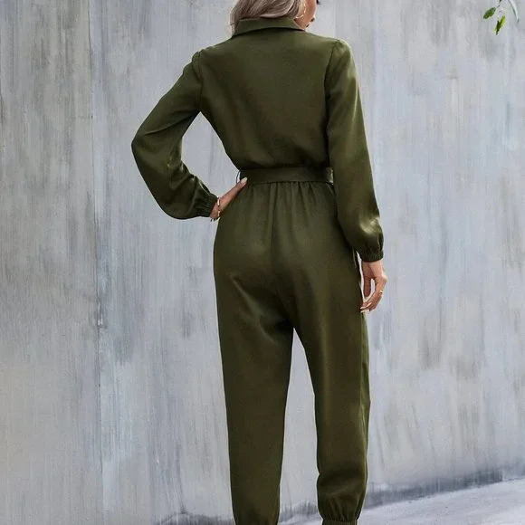 green belted jumpsuit casual classic trending - Picture 2 of 7